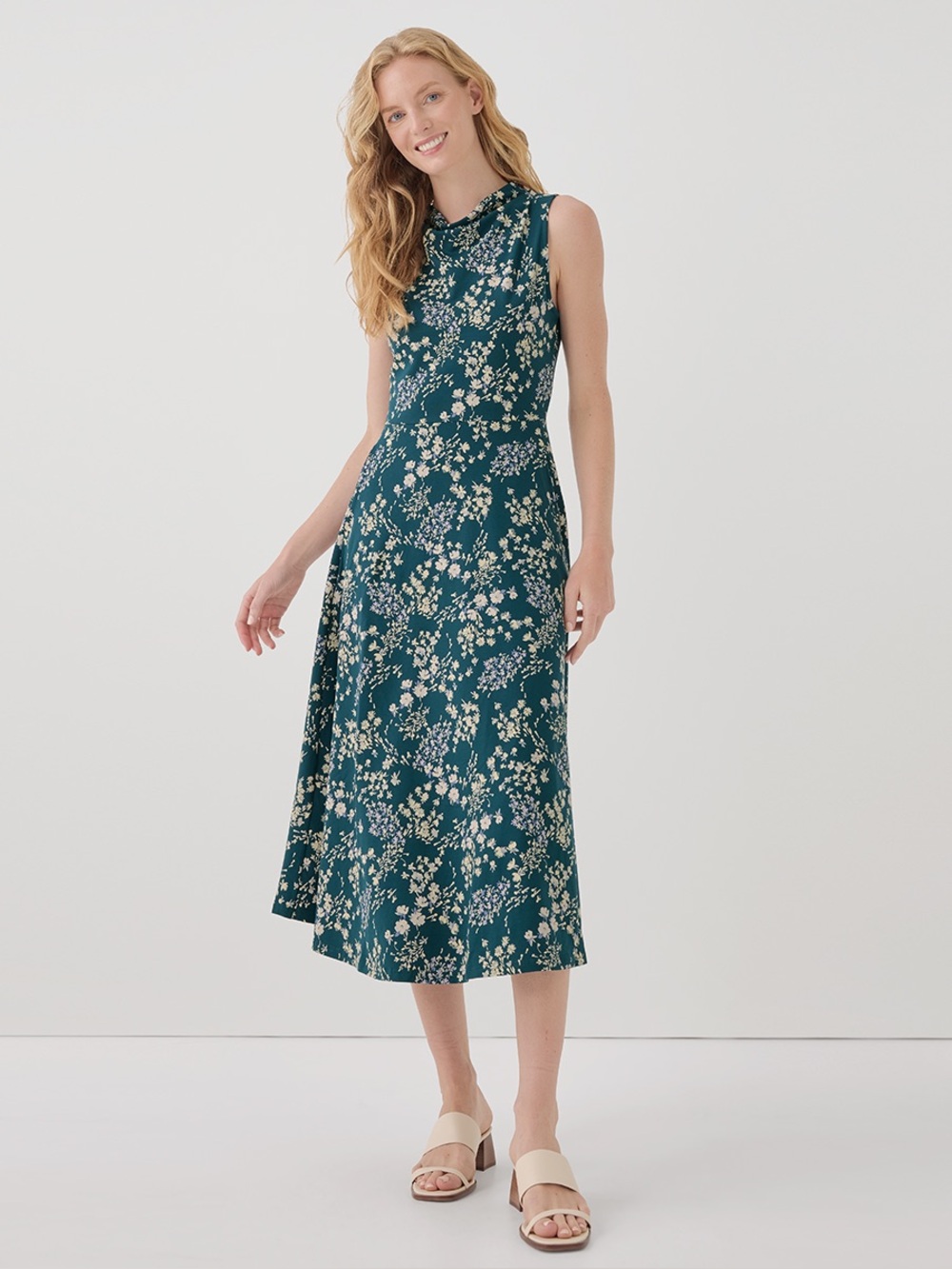 ‼️NWOT: Pact Organic Teal Floral Crowl Neck Fit & Flare Dress - XL